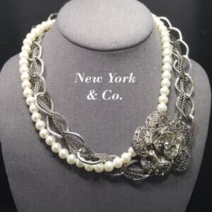 New York & Company Faux Pearl Side Rhinestone Pendant Necklace